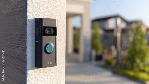 Modern doorbell camera mounted on light beige wall.  Blurred background shows houses and trees