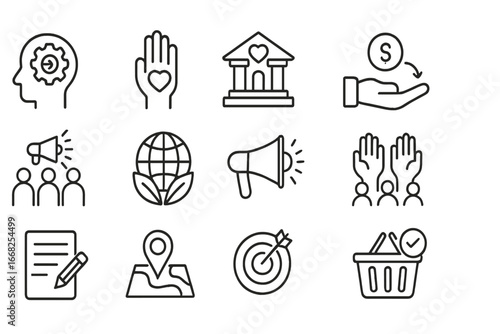 Social Entrepreneurship Icons. Outline vector icons of social entrepreneurship: impact icon, social cause,