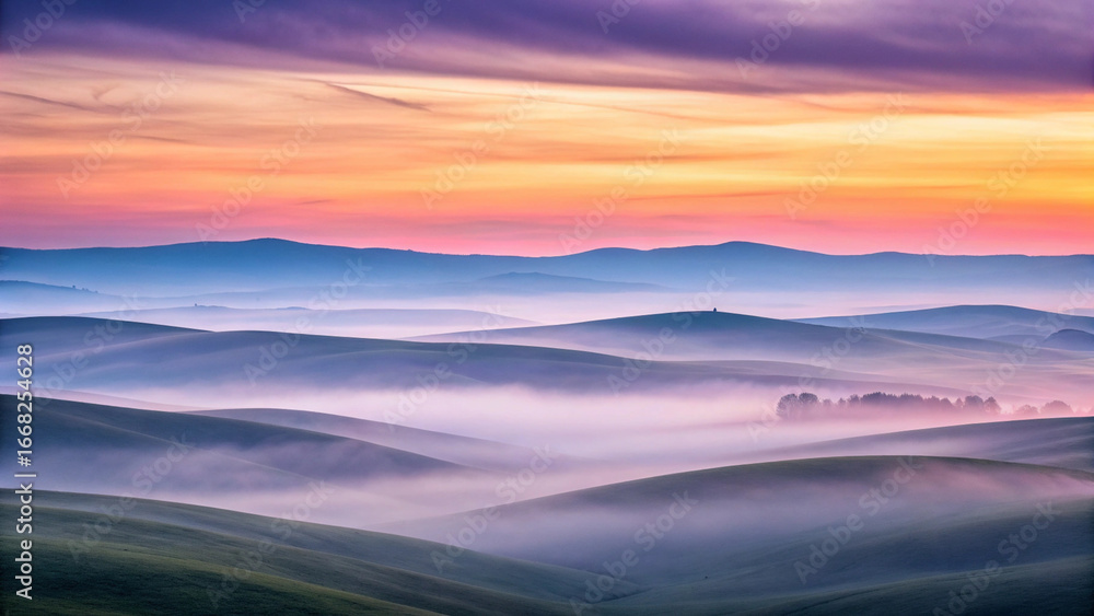 Obraz premium Rolling Hills Covered in Mist at Sunrise with Purple and Orange Sky landscape nature