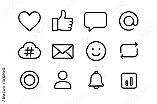Social Media Icons. Outline icon set of social media interaction: heart icon, thumbs up, comment box, mention