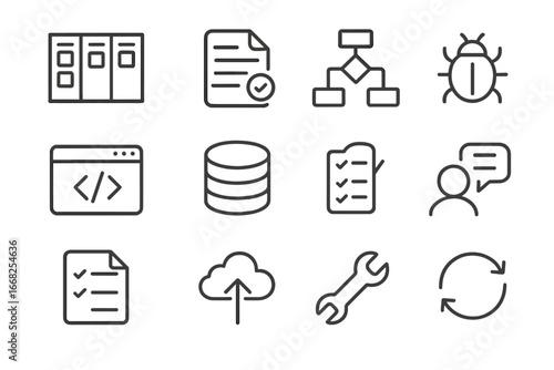 Software Development Icons. Outline icon set of software development life cycle: planning board, requirement