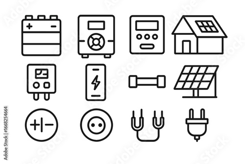 Solar Energy Icons. Outline icon set of solar energy storage: battery pack, inverter, control panel, rooftop