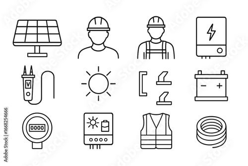 Solar Energy Icons. Outline icon set of solar energy setup: solar panel, technician, rooftop harness, inverter