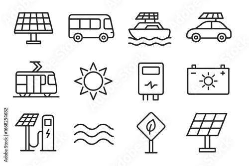 Solar Transport Icons. Outline icon set of solar-powered transport: solar panel, bus, boat, car, tram,