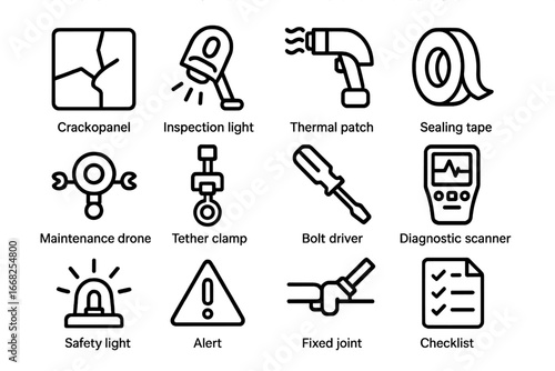 Space Repair Icons. Outline icon set of space repair operations: cracked panel, inspection light, thermal