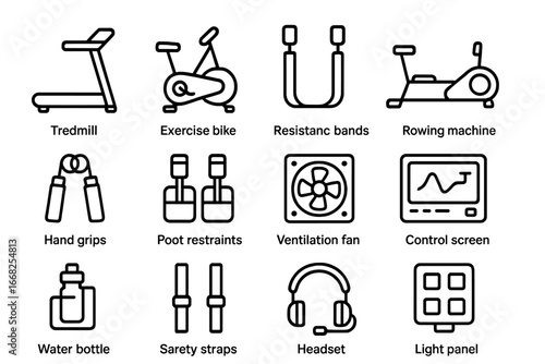 Space Station Exercise Icons. Outline icon set of space station crew exercise area: treadmill, exercise bike,