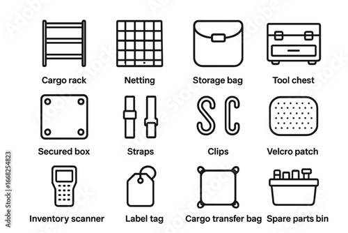 Space Station Storage Icons. Outline icon set of space station storage systems: cargo rack, netting, storage