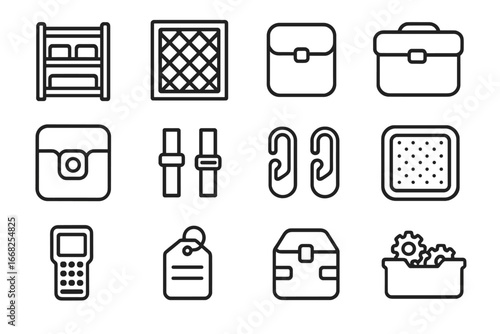 Space Station Storage Icons. Outline icon set of space station storage systems: cargo rack, netting, storage
