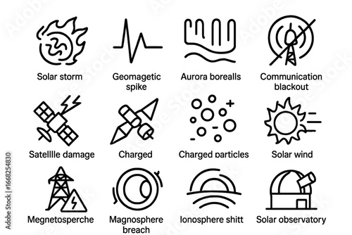 Space Weather Icons. Outline vector icons of space weather effects: solar storm, geomagnetic spike, aurora