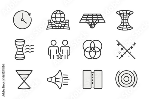 Space-Time Icon Set. Outline icon set of space-time concepts: time dilation, curved space, spacetime grid,