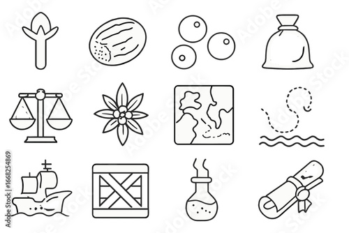 Spice Trade Icons. Outline icon set of spice trade: clove pod, nutmeg seed, peppercorn, spice sack, merchant
