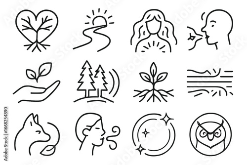 Spiritual Nature Icons. Outline icon set of spiritual connections in nature: tree heart, glowing path, aura