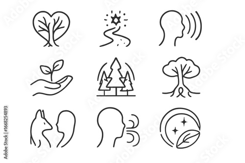 Spiritual Nature Icons. Outline icon set of spiritual connections in nature: tree heart, glowing path, aura
