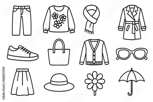 Spring Fashion Icons. Outline icon set of spring fashion favorites: light denim, floral blouse, pastel scarf,