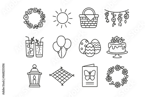 Spring Equinox Icons. Outline icon set of spring equinox party ideas: floral wreath, sun symbol, picnic basket