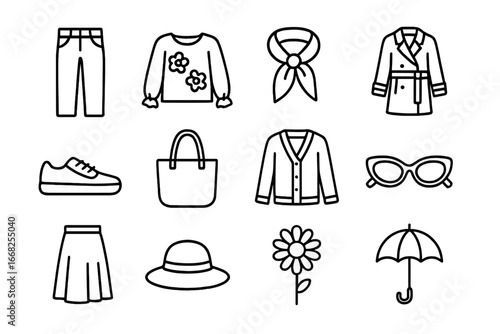 Spring Fashion Icons. Outline icon set of spring fashion favorites: light denim, floral blouse, pastel scarf,
