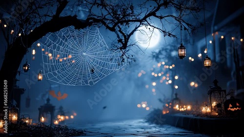 A spooky Halloween scene with a full moon, glowing lanterns, and a large spider web. Jack-o'-lanterns are placed along a dark path, creating an eerie atmosphere.