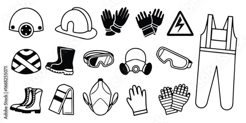 Collection of black and white line art icons with farm safety and protective gear illustrations, including helmets, gloves, masks, safety signs,  for safety and protective workwear and equipment