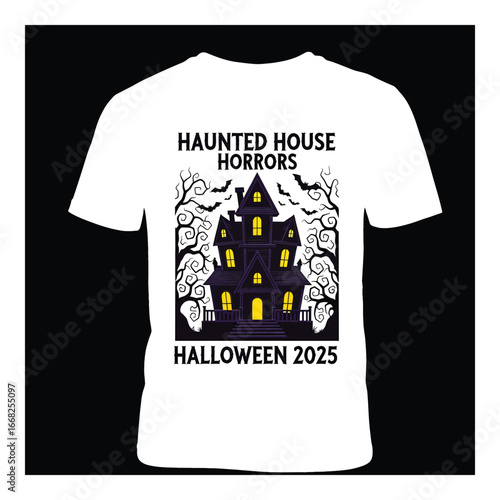 White t shirt with haunted house and bats Halloween 2025 graphic vector