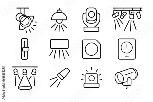 Stage Lighting Icons. Outline vector icons of indoor stage lighting and effects: spotlight icon, ambient light