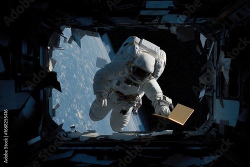 Fototapeta Naklejka Na Ścianę i Meble -  Catching a floating book in the vastness of space near Earth while an astronaut explores beyond the spacecraft window