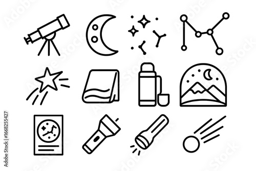 Stargazing Icon Set. Outline icon set of stargazing outdoors: telescope, moon, star cluster, constellation