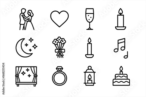 Starlit Dance Icon Set. Outline icon set of starlit anniversary dance: couple silhouette, heart, champagne