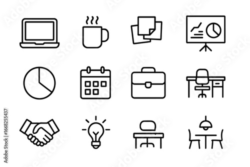 Startup Icon Set. Outline icon set of startup teamwork: laptop, coffee mug, sticky notes, pitch deck,