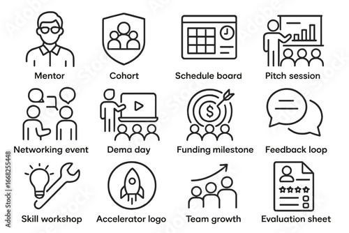 Startup Accelerator Icons. Outline vector icons of startup accelerator program: mentor icon, cohort badge,