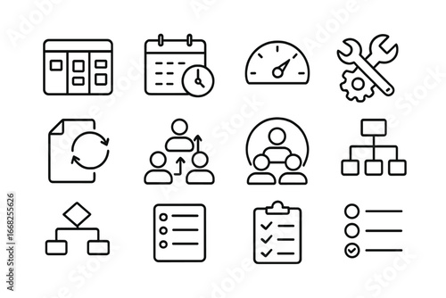 Startup Operations Icons. Outline vector icons of startup operations: task board, schedule icon, KPI tracker,