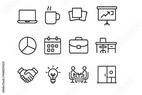 Startup Icon Set. Outline icon set of startup teamwork: laptop, coffee mug, sticky notes, pitch deck,