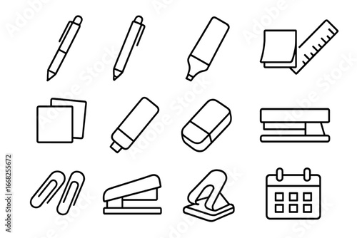 Stationery Icon Set. Outline icon set of teacher’s desk stationery: red pen, blue pen, highlighter, sticky