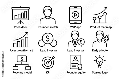Startup Investment Icons. Outline icon set of startup investment: pitch deck, founder sketch, MVP app, product