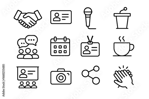 Startup Networking Icons. Outline icon set of startup networking events: handshake, business cards, microphone