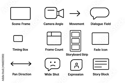 Storyboard Icon Grid. Outline icon set of storyboard layout: scene frame, camera angle, movement arrow,