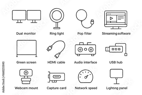 Streaming Setup Icons. Outline icon set of streaming setup: dual monitor, ring light, pop filter, streaming