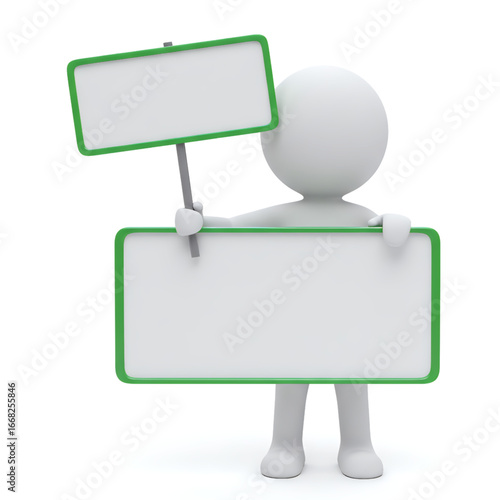 Isolated transparent figure holds signs with green borders, standing on a white background and ready for your message