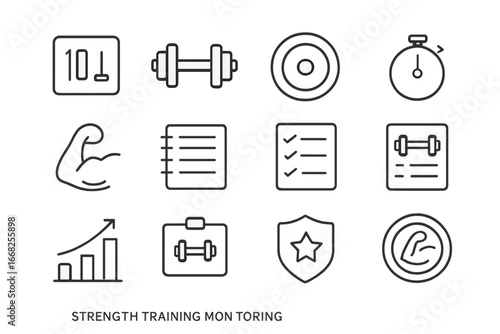 Strength Training Icons. Outline icon set of strength training monitoring: rep count, dumbbell icon, barbell
