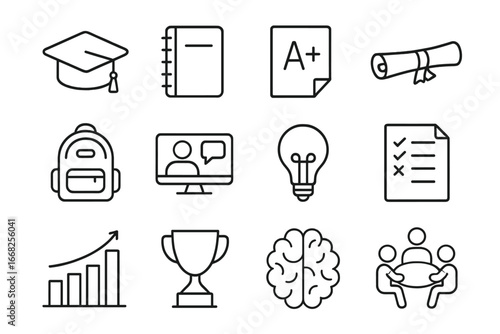 Student Success Icons. Outline icon set of student success: cap, notebook, A+ grade, diploma, backpack, online