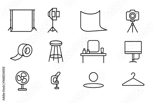 Studio Icon Set. Outline icon set of studio fashion shoot: seamless backdrop, studio light, white cyclorama,