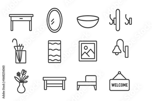Stylish Entryway Icons. Outline icon set of entryway styling with mirrors: entry table, oval mirror, key bowl,