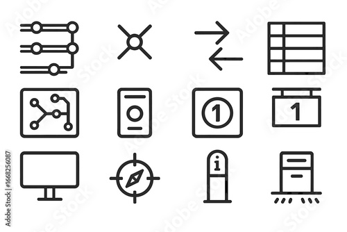 Subway Navigation Icons. Outline icon set of subway navigation: metro lines, interchange station, arrow signs,