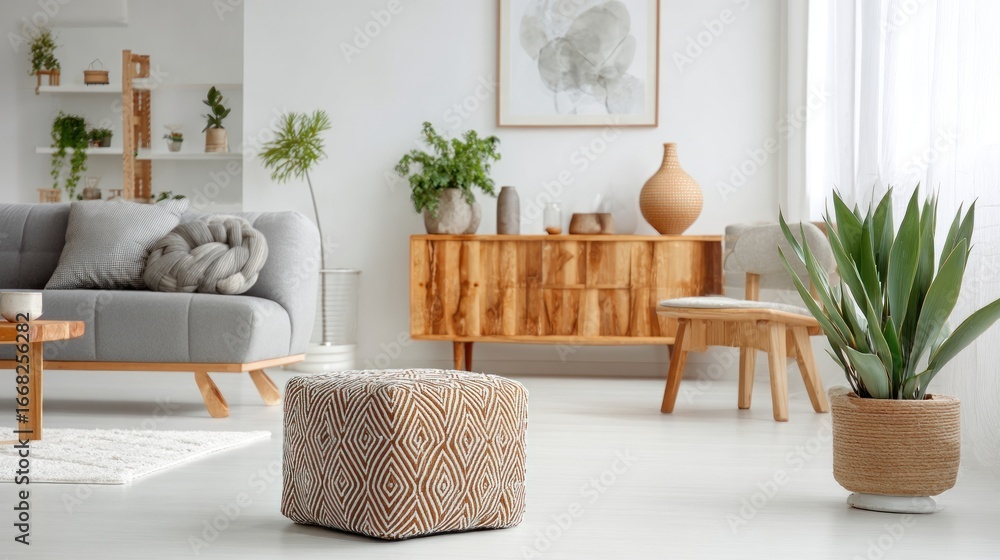 Obraz premium Bright living room with grey sofa, wooden cabinet, ottoman, houseplant and natural light