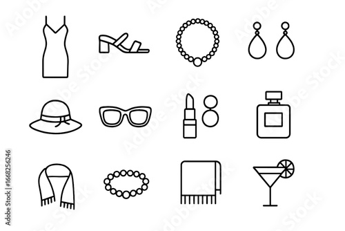 Summer Night Essentials. Outline icon set of summer night fashion essentials: evening dress, sandals, clutch