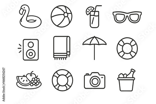 Summer Pool Party Icons. Outline icon set of summer pool party: inflatable flamingo, beach ball, drink with