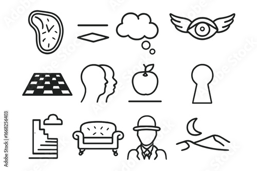 Surreal Icon Collection. Outline icon set of Surrealism: melting clock, floating object, dream cloud, eye with