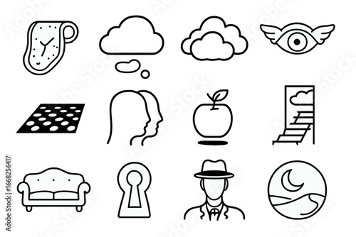 Surreal Icon Collection. Outline icon set of Surrealism: melting clock, floating object, dream cloud, eye with