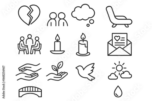 Survivor's Guilt Icons. Outline icon set of overcoming survivor’s guilt: broken heart, thought bubble,
