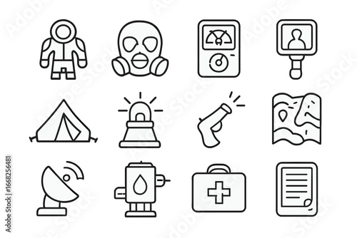 Survival Gear Icons. Outline icon set of survival on alien worlds: thermal suit, toxin filter, radiation gauge