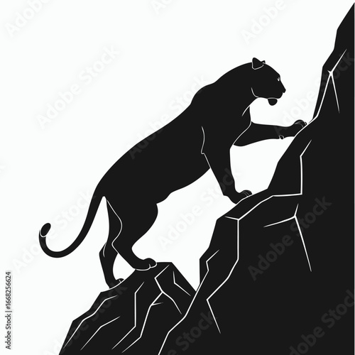 Tiger climbing rocky ledge silhouette